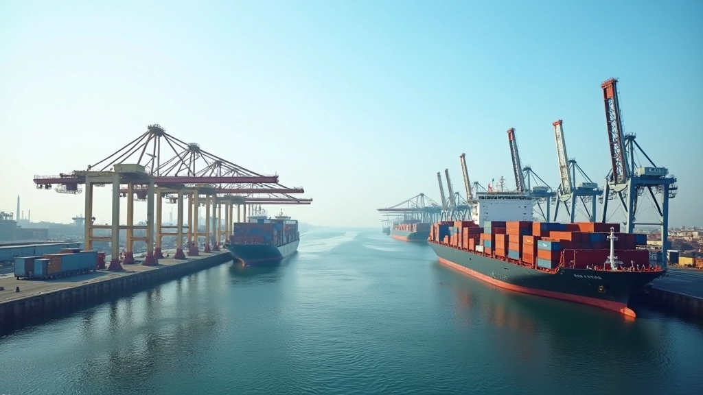 Globale Handels- und Logistik-Szene mit Containerhafen und Schiffen, zeigt internationale Wasserstoffversorgungsketten und Lieferketten