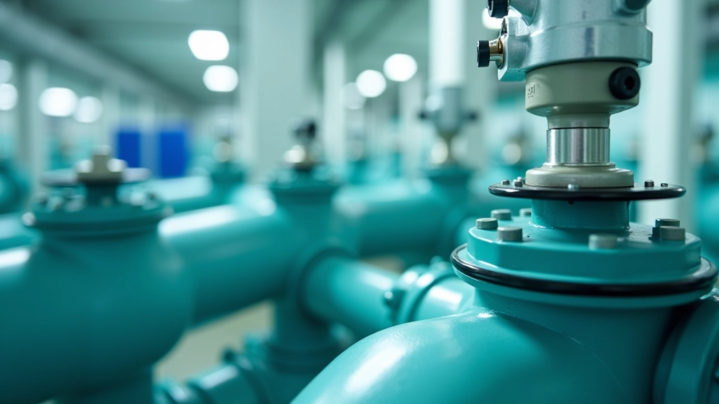 Elektrolyseanlage mit grünem Wasserstoff in modernem Industriepark, Nahaufnahme von Rohren und Ventilen