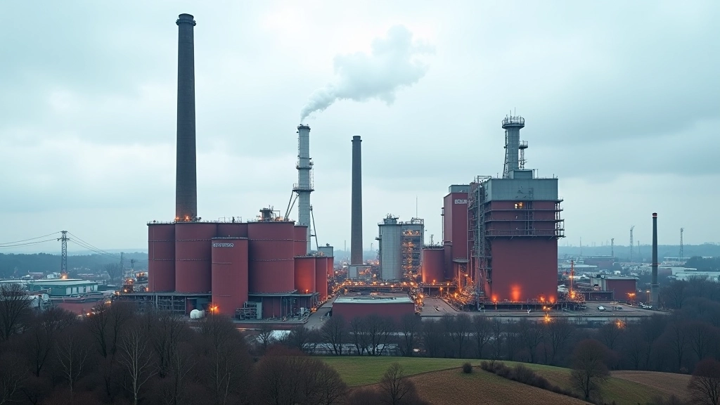 Moderne Stahlproduktionsanlage mit roten Hochöfen und Fabrikschornsteinen in grauer Industriestadt