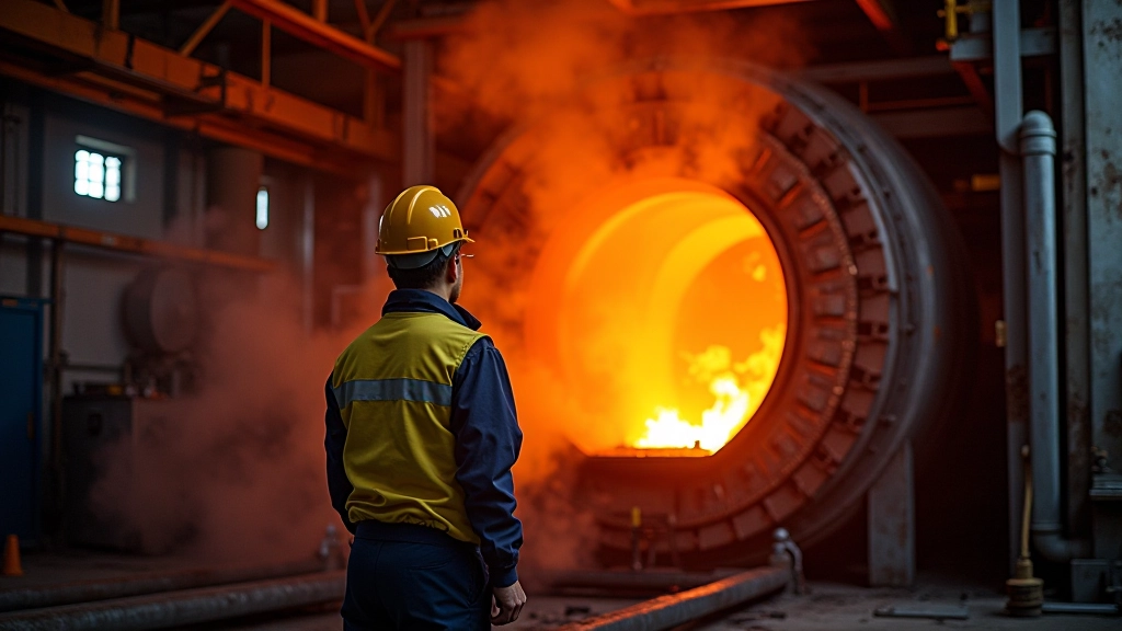 Innere eines Hochofens mit extremer Hitze und Prozessablauf, technische Visualisierung