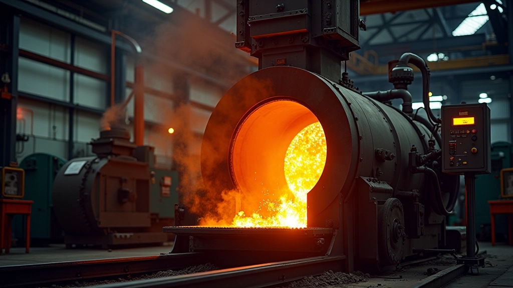 Industrieller Schmelzofen in einer modernen Stahlproduktionsanlage mit Emissionsschutzmaßnahmen