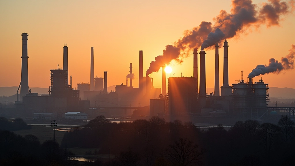 Stahlwerk mit Hochöfen und Industrieanlagen bei Sonnenaufgang