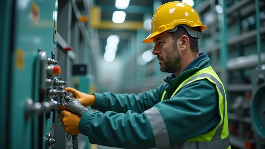 Techniker in Schutzausrüstung inspiziert moderne Industrieanlage mit Rohren und Messinstrumenten