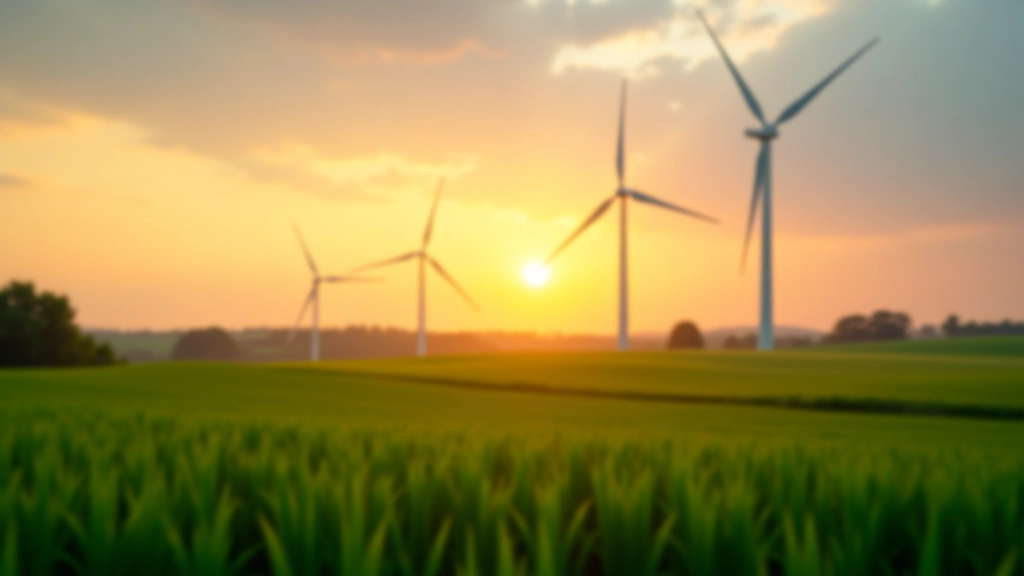Windkraftanlage in Norddeutschland mit grünem Feld, Sonne am Horizont, symbolisiert erneuerbare Energiequelle für Wasserstoffproduktion