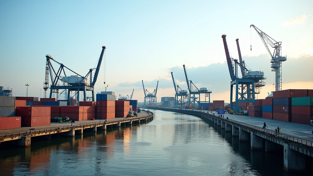 Hafen mit Zementladung in Containern und modernem Lagersystem, Hafenkräne im Einsatz