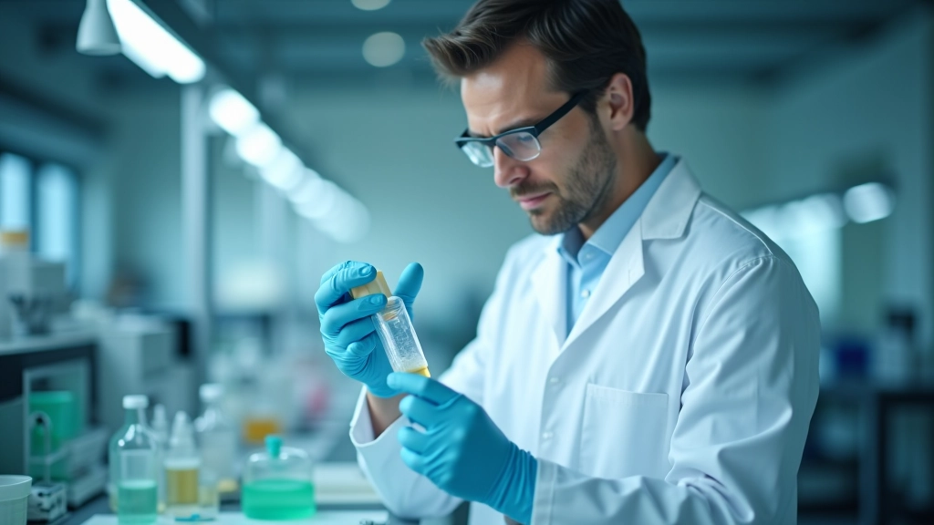 Chemiker oder Ingenieur in weißem Laborkittel, der Wasserstoffproben in modernem Forschungslabor untersucht, mit wissenschaftlichen Instrumenten im Hintergrund