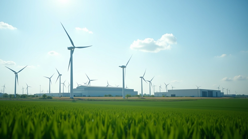 Windkraftanlage neben traditioneller Industrieanlage symbolisiert grünen Wandel
